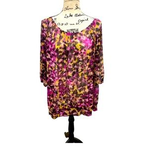 Lane Bryant Blouse Womens Plus 18/20 Sheer 3/4 Sleeve Multicolor 100% Polyester